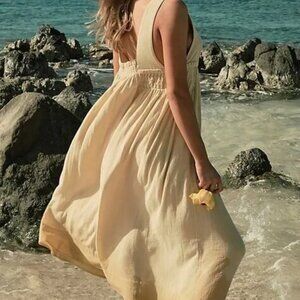 Free People Free Est Delphine Midi Dress Smocked Solid Cotton Billowy Small